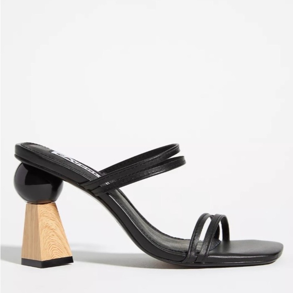Caverley Black Strappy Heels with Artistic Wooden Heel